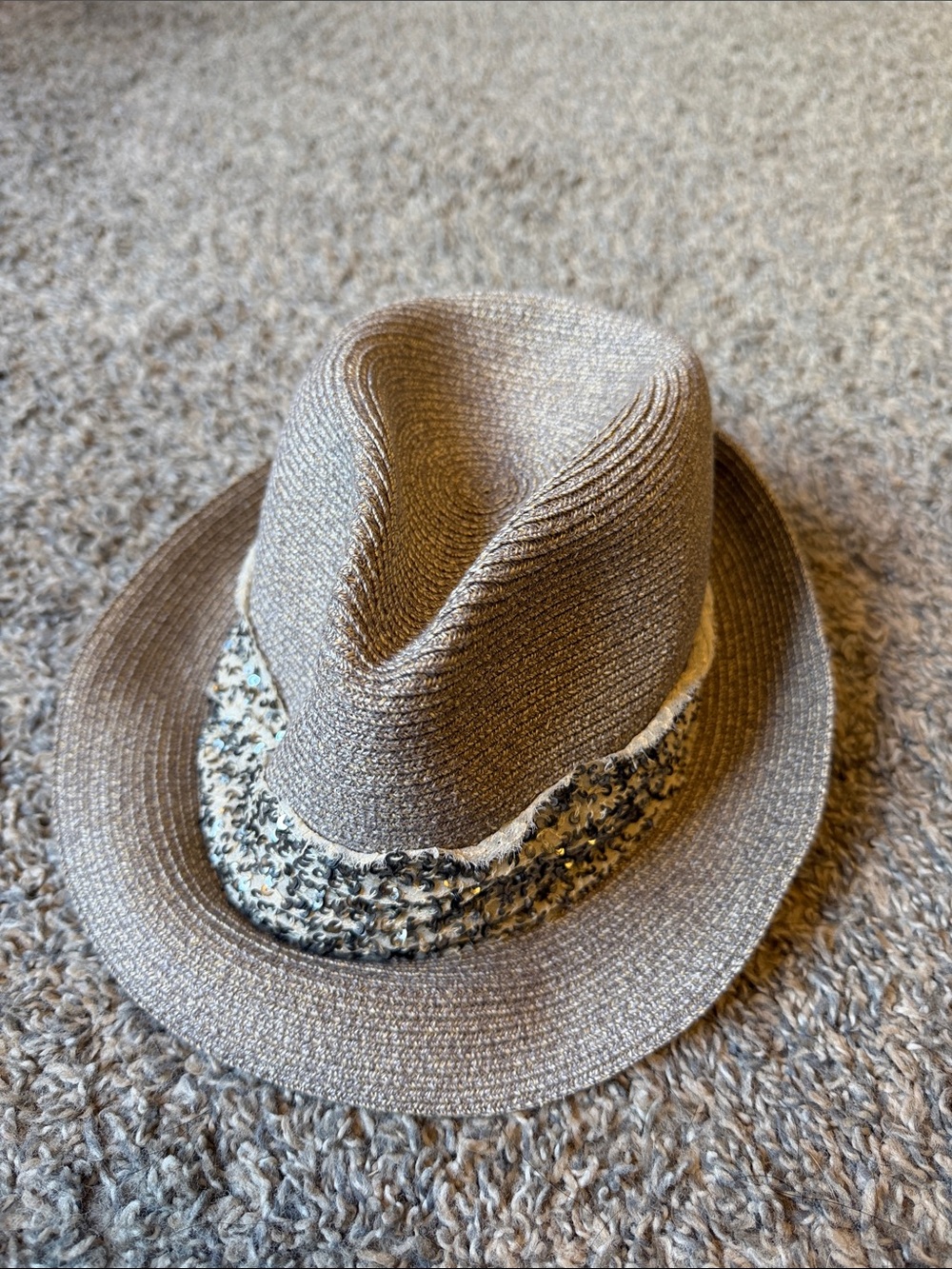 Eugenia Kim Tan Straw Fedora with Patterned Sequin Band - Picture 2 of 5